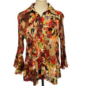 CATO M Orange Floral Crinkle Pleated Shirt Blouse Top Flare Sleeve Boho Hippie‎